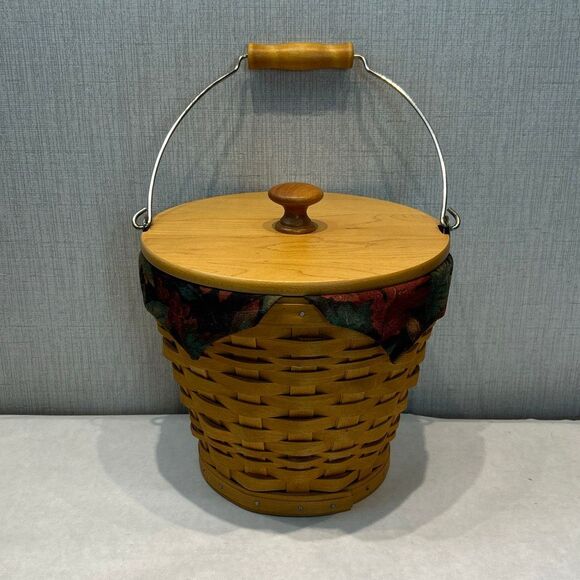 Longaberger Classic Autumn Pail Basket 2002 Plastic Liner Lid Cloth Liner Fall - Picture 1 of 13